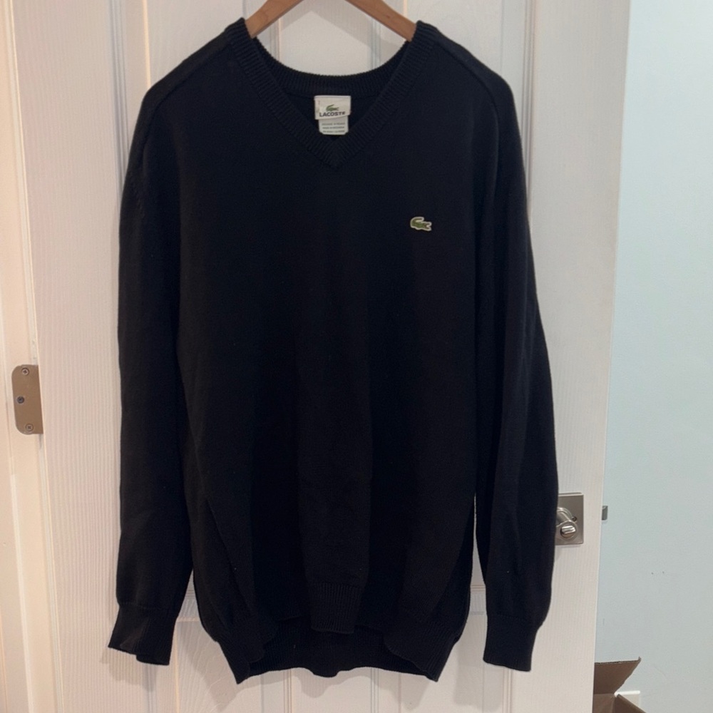 Lacoste Men's Black V-Neck Sweater with Green Crocodile Logo